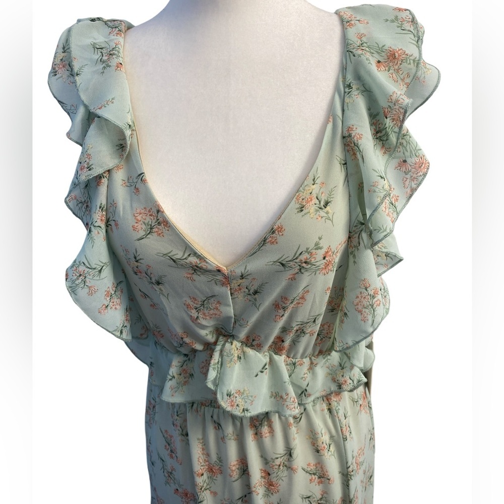 Dex NWT Ruffle Floral Midi Dress Tie Back Green Pink Size S Flowy - Picture 10 of 15